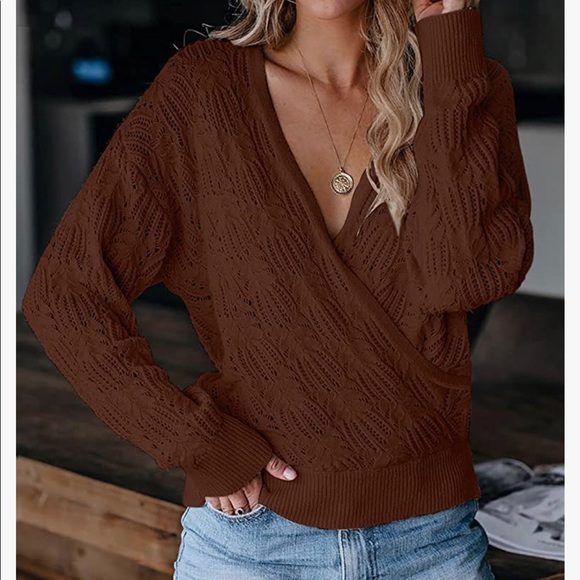 merokeety Sweaters - NWT Deep V Neck Wrap Sweaters Long Sleeve Crochet Knit Pullover Tops